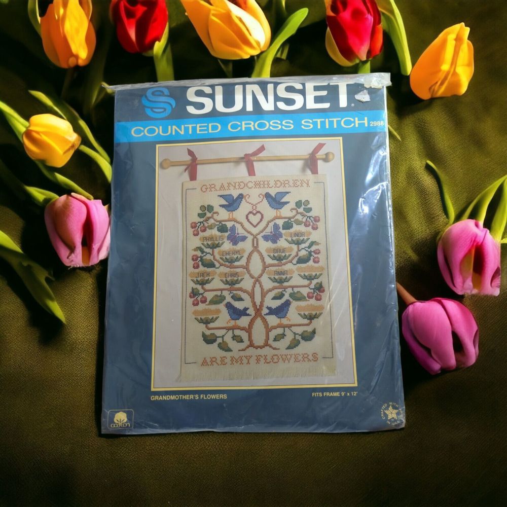 Vintage 1986 Sunset Cross Stitch Kit "Grandmother's Flowers" 9x12  Genealogy
